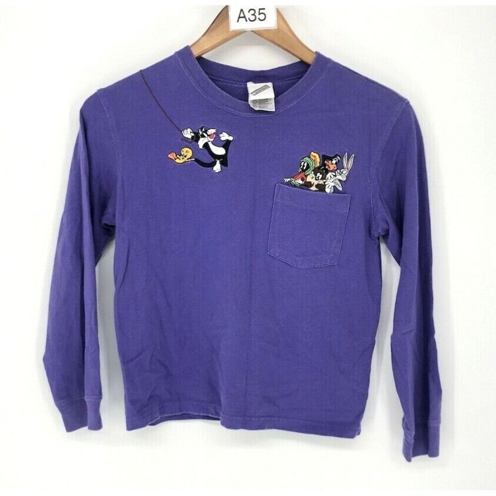 90's Warner Bros Looney Toons Embroidered Kids Cotton Long Sleeve Shirt Size LG